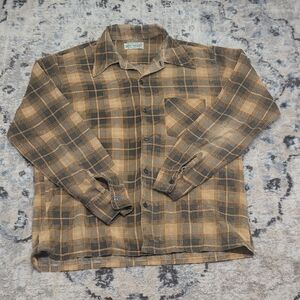 Vintage Ameri Flannel Shirt Brown Plaid Distressed Workwear Grunge Men’s M